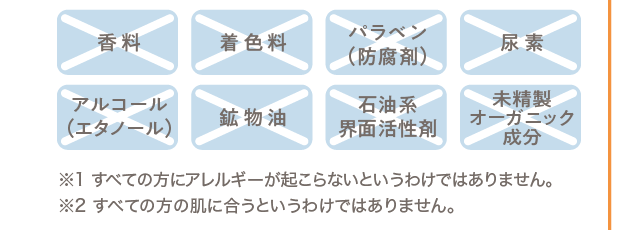 香料 着色料 パラベン（防腐剤） 尿素 アルコール（エタノール） 鉱物油 石油系界面活性剤 未精製オーガニック成分 ※1 すべての方にアレルギーが起こらないというわけではありません。※2 すべての方の肌に合うというわけではありません。