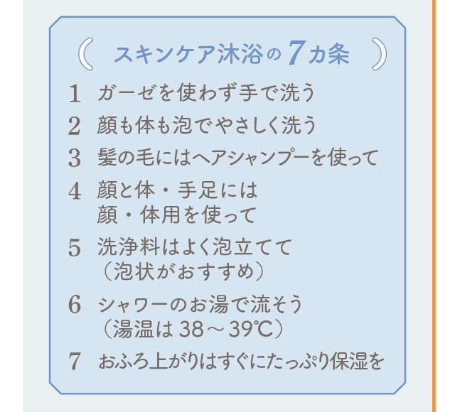 スキンケア沐浴の7カ条 1:ガーゼを使わず手で洗う 2:顔も体も泡でやさしく洗う 3:髪の毛にはヘアシャンプーを使って 4:顔と体・手足には 5:顔・体用を使って 5:洗浄料はよく泡立てて（泡状がおすすめ） 6:シャワーのお湯で流そう（湯温は38～39℃） 7:おふろ上がりはすぐにたっぷり保湿を