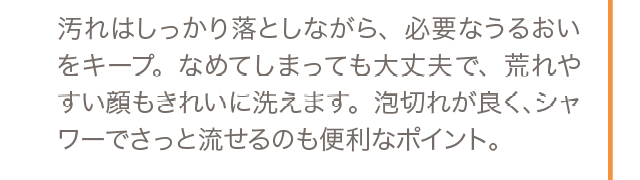 汚れはしっかり落としながら、必要なうるおいをキープ。なめてしまっても大丈夫で、荒れやすい顔もきれいに洗えます。泡切れが良く、シャワーでさっと流せるのも便利なポイント。