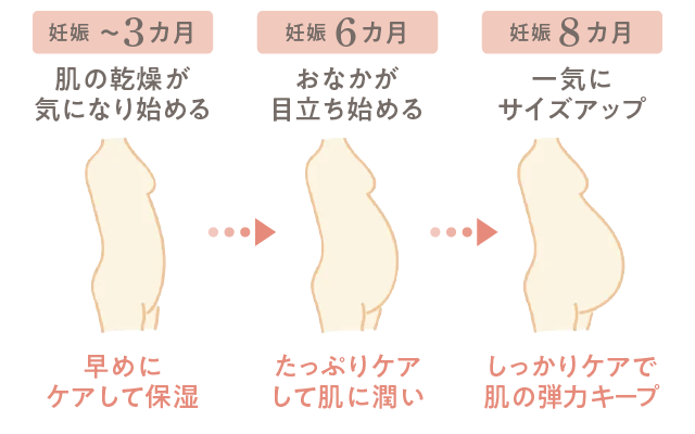 妊娠 〜3カ月 肌の乾燥が気になり始める 早めにケアして保湿／妊娠 6カ月 おなかが目立ち始める たっぷりケアして肌に潤い／妊娠 8カ月 一気にサイズアップ しっかりケアで肌の弾力キープ