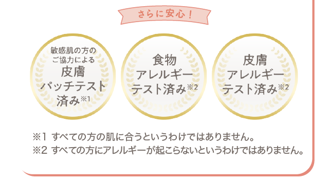 さらに安心！ 敏感肌の方のご協力による皮膚パッチテスト済み※1／食物アレルギーテスト済み※2／皮膚アレルギーテスト済み※2 ※1 すべての方の肌に合うというわけではありません。※2 すべての方にアレルギーが起こらないというわけではありません。