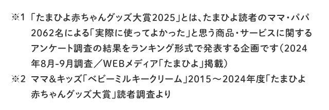 ※1 「たまひよ赤ちゃんグッズ大賞2025」とは、たまひよ読者のママ・パパ2062名による「実際に使ってよかった」と思う商品・サービスに関するアンケート調査の結果をランキング形式で発表する企画です（2024年8月-9月調査／WEBメディア「たまひよ」掲載）／※2 ママ&キッズ「ベビーミルキークリーム」2015～2024年度「たまひよ赤ちゃんグッズ大賞」読者調査より