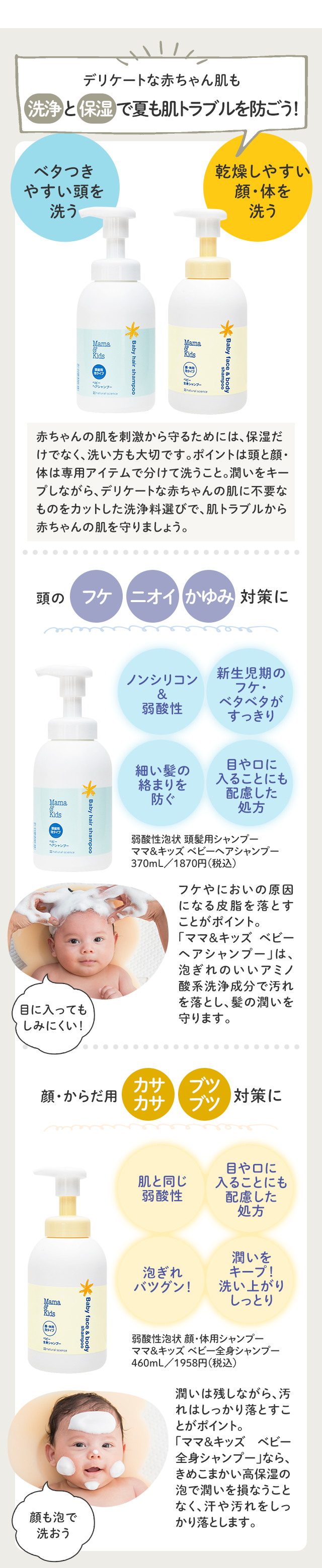 デリケートな赤ちゃん肌も洗浄と保湿で夏も肌トラブルを防ごう！ベタつきやすい頭を洗う 乾燥しやすい顔・体を洗う 赤ちゃんの肌を刺激から守るためには、保湿だけでなく、洗い方も大切です。ポイントは頭と顔・体は専用アイテムで分けて洗うこと。潤いをキープしながら、デリケートな赤ちゃんの肌に不要なものをカットした洗浄料選びで、肌トラブルから赤ちゃんの肌を守りましょう。