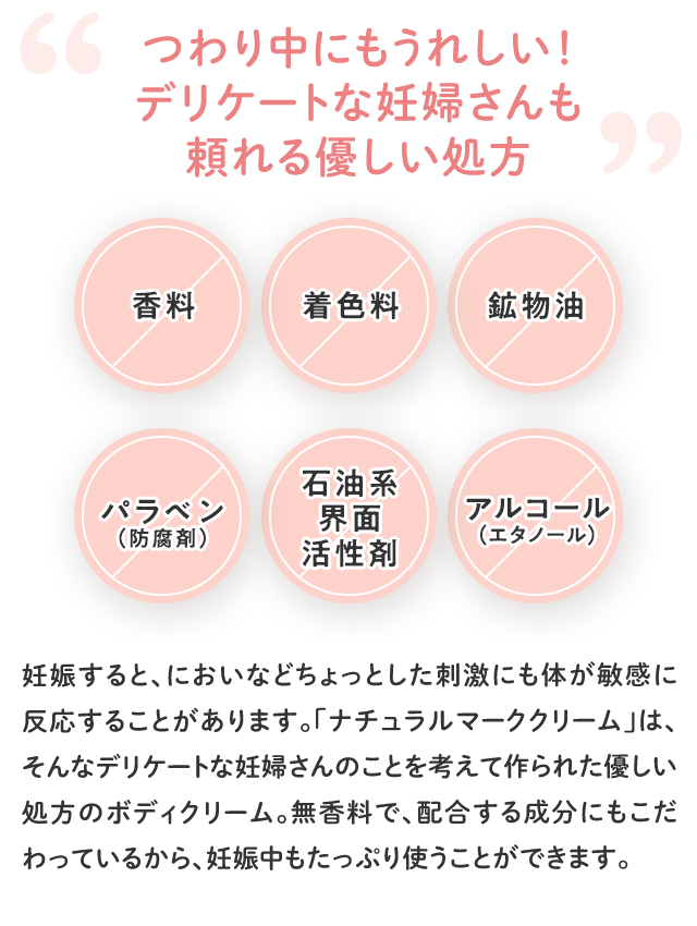 つわり中にもうれしい！デリケートな妊婦さんも頼れる優しい処方／香料 着色料 鉱物油 パラベン 石油系界面活性剤 アルコール（エタノール）／妊娠すると、においなどちょっとした刺激にも体が敏感に反応することがあります。「ナチュラルマーククリーム」は、そんなデリケートな妊婦さんのことを考えて作られた優しい処方のボディクリーム。無香料で、配合する成分にもこだわっているから、妊娠中もたっぷり使うことができます。